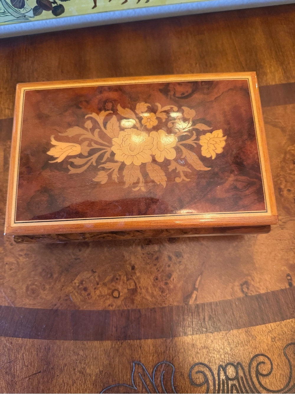 Wood Inlay Floral Jewelry Box - Brown and Gold